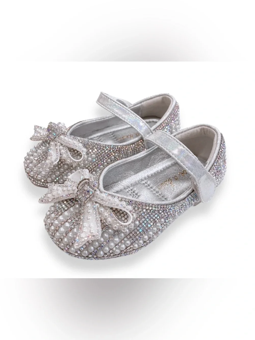 Doe A Dear Girls Silver Pearls and Rhinestones Bows Mary Jane Shoes 22/6 NWT